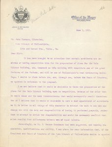 Brief von Bürgermeister John Reyburn an Bibliothekar John Thomson zur Genehmigung von Horace Trumbauer als Architekt des Hauptbibliotheksgebäudes, 1. Juni