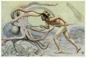Er war sehr mutig und stark und kämpfte mit dem großen Oktopus, aus The Great Sea Horse, veröffentlicht 1909