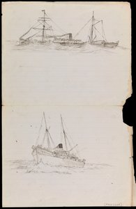 Skizzen eines Schlachtschiffs und zweier anderer Schiffe der Royal Navy