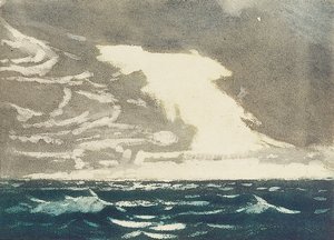 Meereslandschaft - grünes Meer und stürmischer blau-grauer Himmel 2, 20. Jahrhundert (Farb-Aquatinta) von John Everett