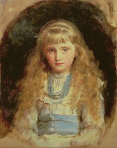 Porträt von Beatrice Caird in einem weißen Kleid mit blauer Schärpe