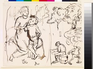 Blatt mit Studien, die den post-raffaelitischen Stil karikieren, 1853 von John Everett Millais