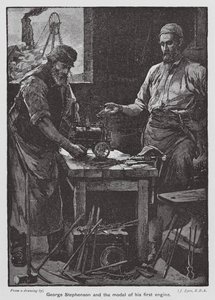 George Stephenson und das Modell seiner ersten Lokomotive von John Eyre