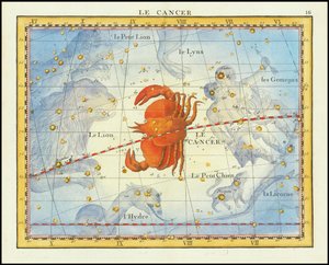 1776 Karte des Sternbilds Krebs und benachbarter Sternbilder, aus Fortins Atlas Celeste de Flamsteed