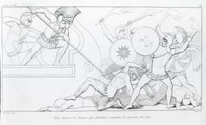 Ajax wehrt die Trojaner ab, die versuchen, die griechischen Schiffe zu verbrennen. Zeichnung von John Flaxman (1755 - 1826). Homers Ilias. Gesang XV.