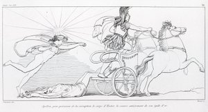 Apollo, Gott der Sonne, bedeckt Hektors Körper vollständig mit seinem goldenen Aigis, um ihn zu bewahren. Gesang XXIV. Zeichnung von John Flaxman (1755 - 1826). Homers Ilias