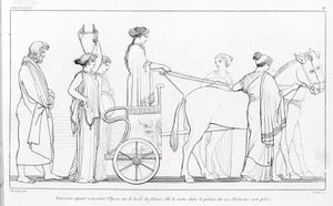 Nausikaa, die gerade Odysseus getroffen hat, bringt ihn zurück zum Palast ihres Vaters, König Alkinoos. Zeichnung von John Flaxman (1755 - 1826). Homers Odyssee. Gesang VI.