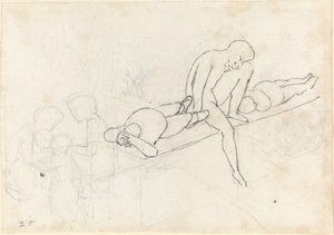 Sitzender Mann flankiert von zwei liegenden Figuren; Gruppe von Figuren in der unteren linken Ecke von John Flaxman
