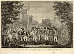 Die Briten übergeben ihre Waffen an General Washington nach ihrer Niederlage in York Town, Virginia, Oktober 1781, veröffentlicht 1819 (Gravur) von John Francis (after) Renault
