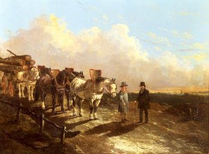 Ein Holzfuhrwerk hält auf einer Straße bei Dämmerung von John Frederick Herring Jnr