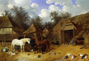 Der Bauernhof des Künstlers in Meopham, Kent, mit Pferden, Shetlandponys, Schweinen, Enten, Tauben und Hühnern