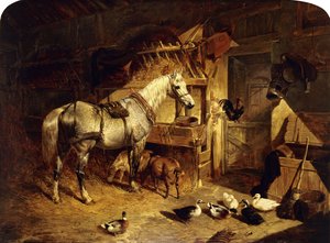 Das Innere eines Stalls mit einem gescheckten grauen Pferd im Geschirr, mit Enten, Ziegen und einem Hahn am Futtertrog, 1843