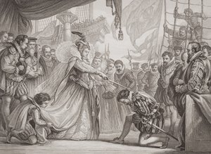Königin Elisabeth I. (1530-1603) schlägt Francis Drake (1540-96) zum Ritter, aus 