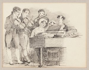 Pianist begleitet von Geigern und einem Flötisten