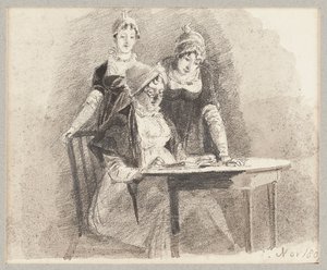 Drei an einem Tisch, einer sitzt, 1807 von John Harden