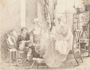 Frauen am Spinnrad und ein Junge mit einem Spielzeugboot, 1807