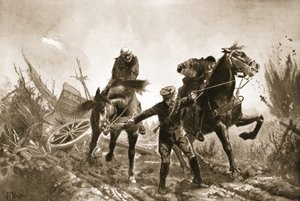 Fahrer Brown kehrt mit Verwundeten zu Pferd von der Feuerlinie zurück