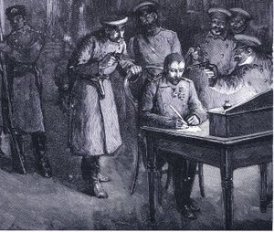 Prinz Alexander unterzeichnet seine Abdankung 1886, Illustration aus Hutchinsons Geschichte der Nationen, Band 4, ca. 1920er Jahre von John Harris Valda