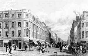 Market Street vom Marktplatz, Manchester, graviert von Frederick James Havell, 1829