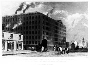 Die Twist-Fabrik, Oxford Street, Manchester, graviert von John McGahey, 1829