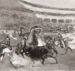 Ein Stierkampf in Sevilla, Spanien, aus The Century Illustrated Monthly Magazine, veröffentlicht 1884 von John Henry Ellsworth Whitney