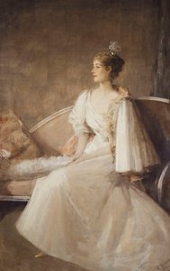 Porträt einer Dame auf einem Sofa sitzend von John Lavery
