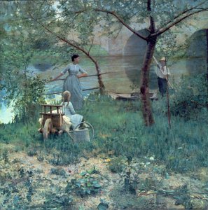Unter dem Kirschbaum, die Brücke bei Grez, 1884 von John Lavery