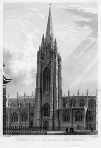 Turm und Spitze der St. Marienkirche, Oxford, 1833 von John Le Keux