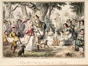 Heinrich VIII. und seine Königin beim Maifest, aus The Comic History of England, veröffentlicht 1864 (handkolorierte Radierung)