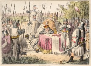 König Johann unterzeichnet die Magna Carta, aus The Comic History of England, veröffentlicht 1864 (handkolorierte Radierung)