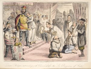 Königin Philippa bittet Eduard III. für die sechs Bürger von Calais, aus The Comic History of England, veröffentlicht 1864 (handkolorierte Radierung)