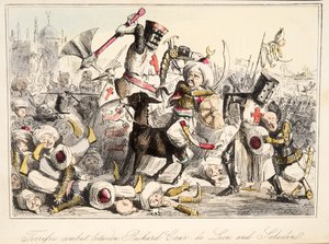 Schrecklicher Kampf zwischen Richard Löwenherz und Saladin, aus The Comic History of England, veröffentlicht 1864 (handkolorierte Radierung) von John Leech