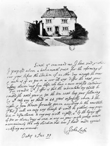 Faksimile eines Briefes, der das Haus zeigt, in dem Locke (1632-1704) in Wrington, Somerset, geboren wurde