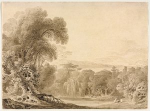 Figuren, die an einem See in einer bewaldeten Landschaft sitzen