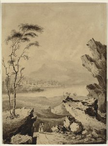 Italienische Landschaft mit See, Stadt und Bergen im Hintergrund