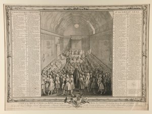 Ansicht des Hauses der Peers, der König auf seinem Thron sitzend, die Gemeinen ihm am Ende der Sitzung 1741/2 beiwohnend von John Pine