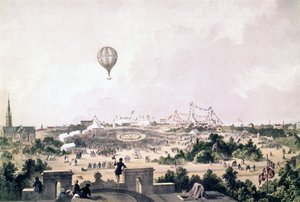 Ein Heißluftballon über Fancy Fair, Princess Park, Liverpool, August 1849 von John R. Isaac