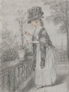 Dame auf einer Terrasse, die eine Nelkenpflanze pflegt von John Raphael Smith