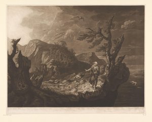 Stürmische Landschaft mit Barde am Rand einer Klippe