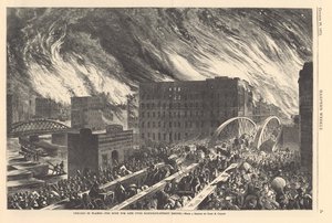 Chicago in Flammen - der Ansturm auf das Leben über die Randolph Street Bridge, Illustration aus Harpers Weekly, 1871 von John Reuben after Chapin
