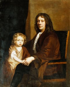 Porträt von Thomas Rowe und seinem Sohn, sitzend, dreiviertel Länge, der Erstere in einem braunen Gewand, der Letztere in einem braunen Kleid und Umhang