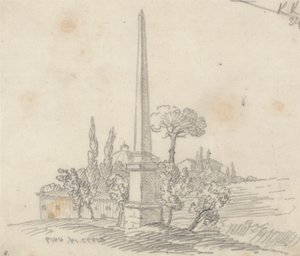 Ein Obelisk mit Dächern und Bäumen in der Ferne von John Robert Cozens