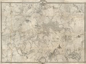 Eine Karte von London aus dem 18. Jahrhundert. Eine genaue Vermessung der Städte London, Westminster, des Stadtteils Southwark und des Landes in einem Umkreis von zehn Meilen, begonnen 1741 und beendet 1745 / von John Rocque, Landvermesser & (gestochen) v