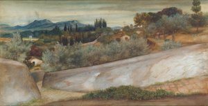Eine toskanische Landschaft mit Dorf und Olivenhain