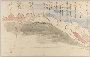 Das Mont-Blanc-Massiv von nahe Chamonix (recto); Skizzen des Mont-Blanc-Massivs vom Tapia oberhalb Chamonix, gesehen von Genf, und gesehen vom Dole (verso) von John Ruskin