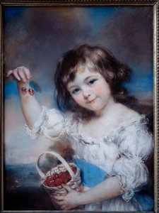 Porträt eines kleinen Mädchens im Korb mit Kirschen von John Russell