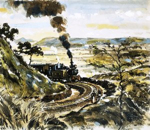 In Indien kämpft eine alte Dampflokomotive darum, einen Vorortzug große Höhen hinaufzuziehen