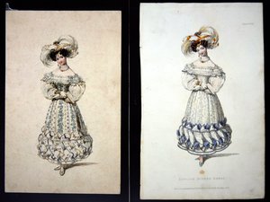 Skizze und Druck einer Modeplatte, ca. 1829