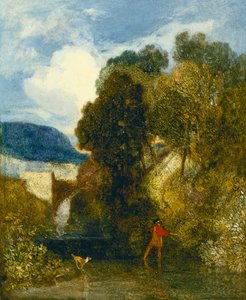 Eine Flusslandschaft mit einem Angler und seinem Hund von John Sell Cotman