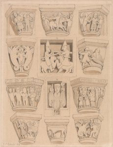 Kapitäle und A & B Basreliefs in der Abteikirche von Saint Georges de Bocherville, in der Nähe von Rouen, Normandie von John Sell Cotman